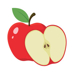 Fresh red ripe apple, half apple, cartoon-style clipart and vector illustration design isolated on white background