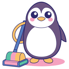 Cute Penguin Cartoon Character with Vacuum Cleaner in on White Background