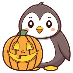 Cartoon Penguin Character Holding Halloween Pumpkin with Smiling Jacko'Lantern
