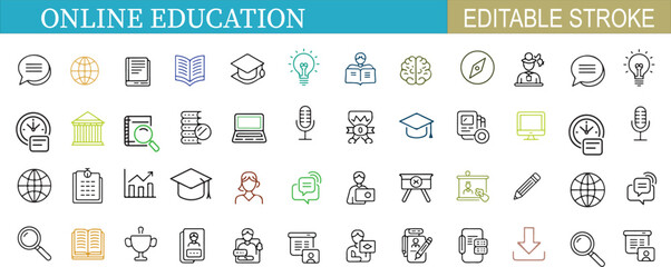   Editable stroke line icons set for online education, virtual learning, digital classroom, and remote