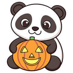 Adorable Panda Holds Smiling Halloween Pumpkin with Transparent Background