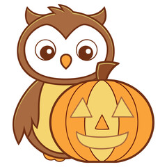 Cute Cartoon Brown Owl Leaning on Orange Pumpkin with a Smiling Face