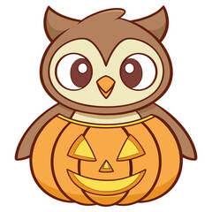 Cartoon Owl in Pumpkin Costume with Big Eyes on White Background for Halloween