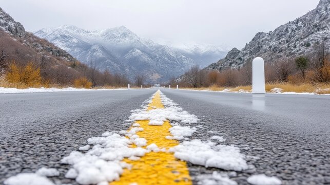 Winter road leading to snow-capped mountains.  Snowy road edge with a yellow line,  distant peaks, overcast sky,  calm and serene mountain scenery
