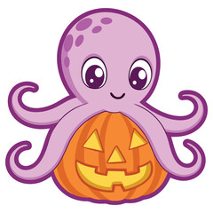 Cartoon Purple Octopus Hugging Halloween Pumpkin on White Background