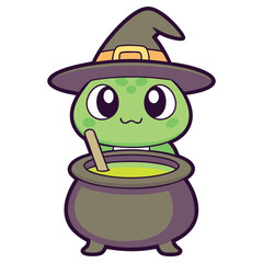 Cartoon Green Frog Witch with Cauldron Transparent Background, Halloween Design