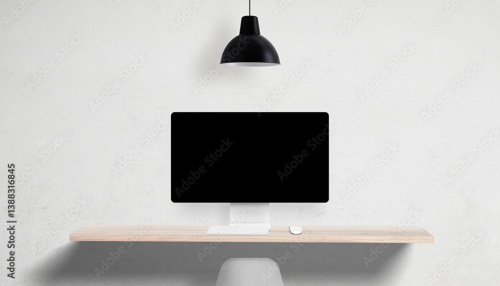 Aufkleber Desktop computer with blank screen on clean desk, overhead lamp and empty side space, perfect for UI mockups and marketing copy placement