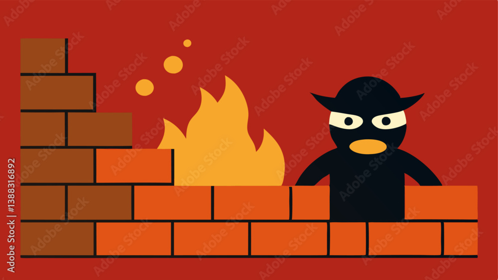 Poster firewall barrier a brick wall with flames representing a firewall but a figure with a mask is sneaki