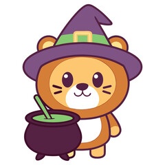 Cartoon Lion Wearing Witch Hat Holding Cauldron on a Transparent Background
