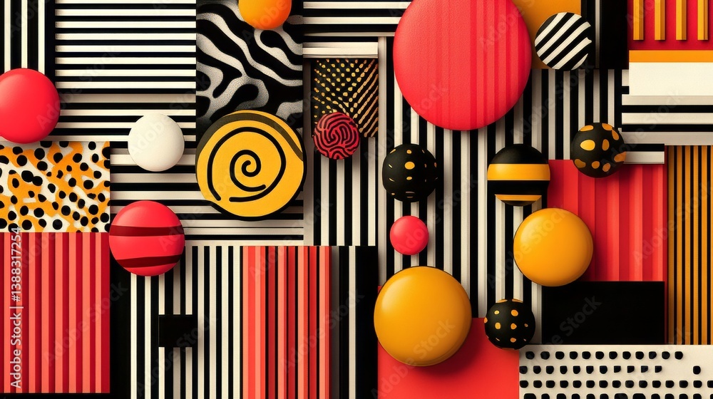 Poster playful composition of spheres and rectangles with varied patterns and colors