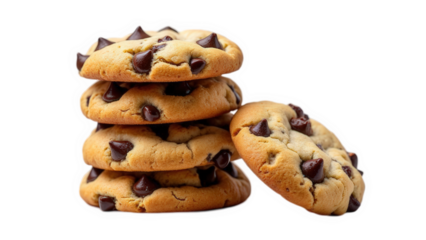 A stack of four chocolate chip cookies with one leaning on the side on black background