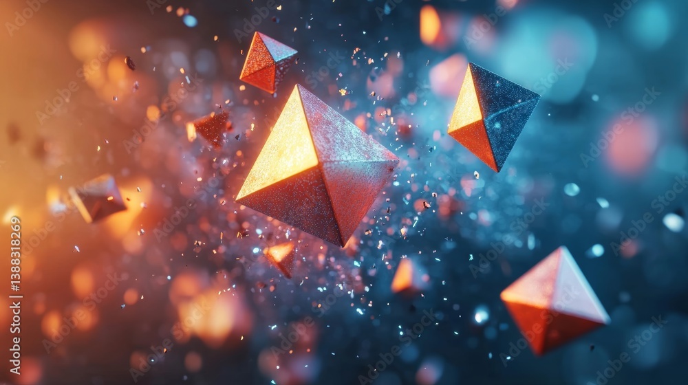 Poster dynamic 3d geometric forms suspended in a vibrant atmospheric backdrop