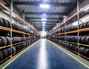 an expansive aisle within a tire storage facility features well organized stacks of tires lining both sides with a reflective floor and ample overhead lighting