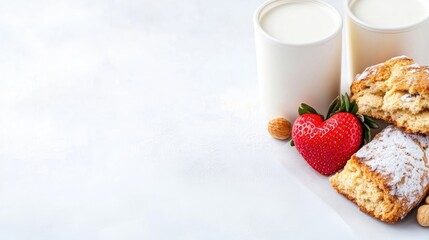 Freshly baked pastries and a heart-shaped strawberry on a white background, two cups of milk, and delicious breakfast concept with rustic charm.
