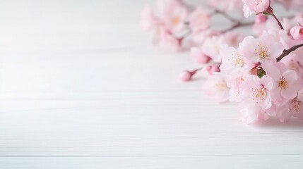 Delicate pink cherry blossoms are arranged on a white wooden surface. The image features a shallow depth of field, focusing on the blossoms. The lighting is soft and natural, creating a serene mood.
