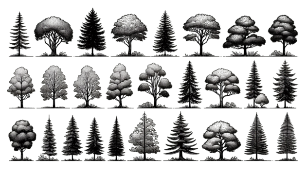 Clean vector-style trees with transparent background