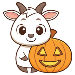 Cute Cartoon Goat Hugging an Orange Pumpkin with a Smiling Face on White