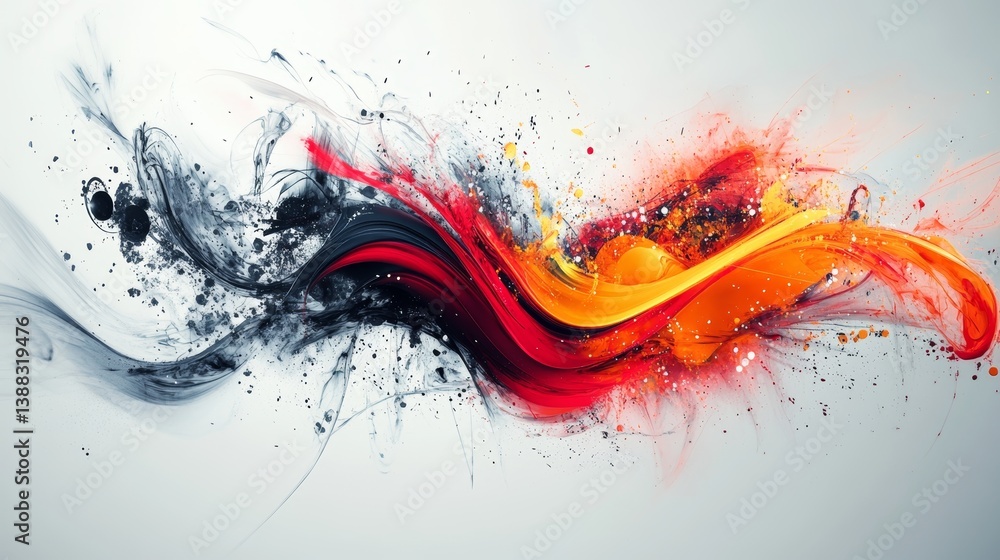 Poster dynamic abstract wave of colors with splashes and particles on bright background