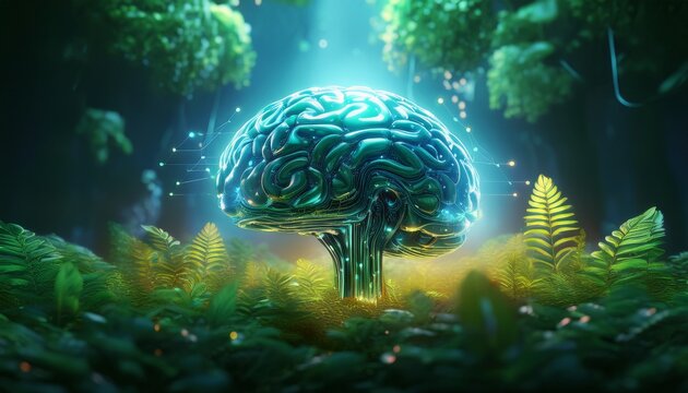 glowing digital brain hovers above lush green plants symbolizing innovation