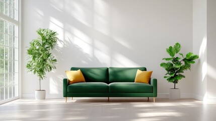 Modern minimalist living room with a green sofa and plants