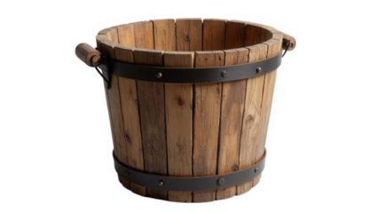 A rustic wooden bucket with metal bands and handles isolated on a black background in studio light