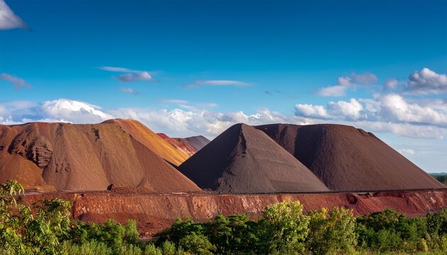 mountains of iron ore stand ready for processing as naturers beauty surrounds them