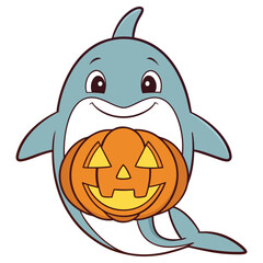 Cartoon Dolphin Holding Pumpkin, Smiling. Halloween Theme. Transparent Background