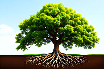 A tree with wide roots growing from the earth with a warm sunlight glow in the background.