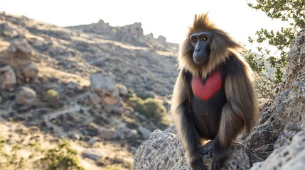 Naklejka premium Geladas crimson chest patch focus grazing on Ethiopian cliffs primate uniqueness