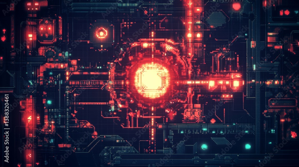 Poster retro pixelated future: complex circuit board with glowing core and intense illumination