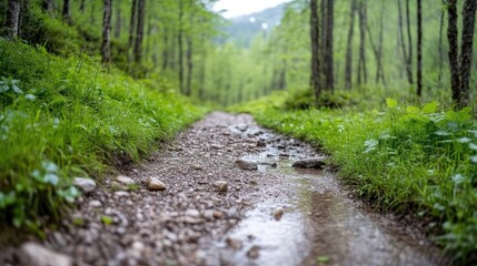Fototapeta premium A forest path, composed of gravel and a small stream, winds through lush green vegetation. Trees line the path, creating a tranquil atmosphere. The image is sharp in the foreground, softly blurred in
