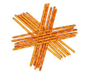 salty cracker pretzel sticks isolated on white background	