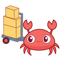 Animated Red Crab with Boxes on Trolley Cart and Transparent Background Design
