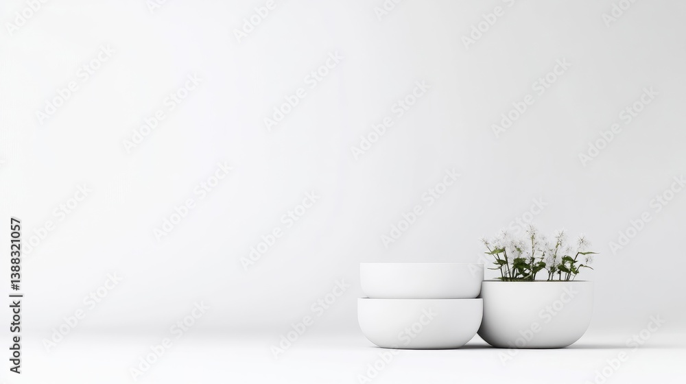 Poster white bowls with plant minimalist style high-resolution rendering centered composition simple shapes