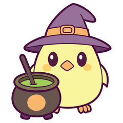 Cartoon chick with witch hat holding pot of potion on transparent background
