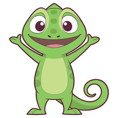 Cute Green Cartoon Chameleon with Big Eyes and a Curled Tail on White
