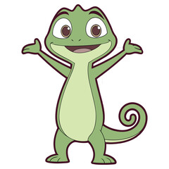 Cartoon Chameleon Standing with Open Arms, Adorable Green Lizard on Transparent Background