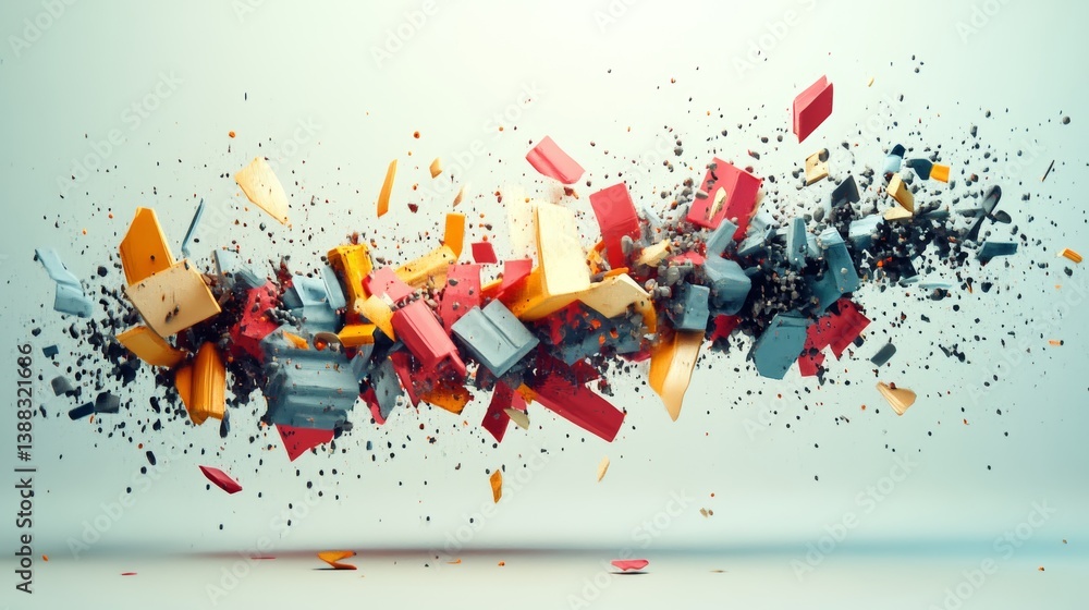 Poster dynamic explosion of colorful geometric shapes with scattered particles effect