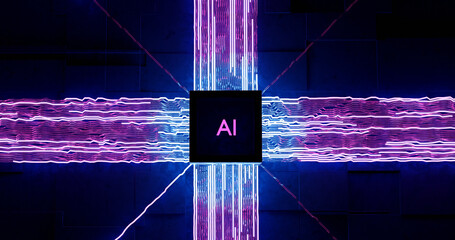 3d render of a AI Chip or SOC with a vast amount of data, Machine learning and AI, Neon Glow, Futuristic Technology Concept, Abstract high speed computing.