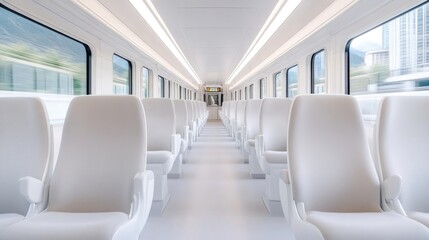 The image shows a pristine, white train car interior. Rows of empty, plush seats face each other down a long aisle. The lighting is bright and even. The style is minimalist and modern, conveying clea