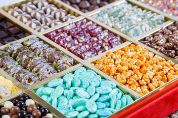 Assorted traditional Turkish sweets  delights and dragee,energy balls and filled dry fruits.