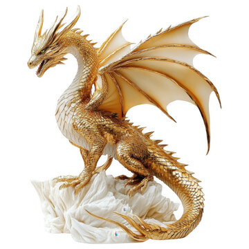 Golden Dragon Sculpture: A stunning, finely-detailed golden dragon statue rests on a crystalline structure, capturing the mythical essence of fantasy and lore.