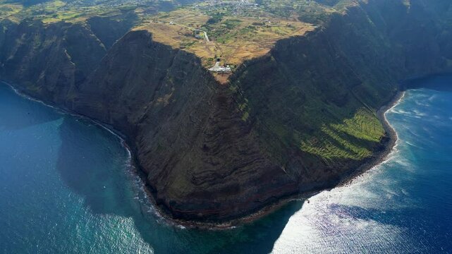 Aerial drone view of the Ponta do Pargo Lighthouse Viewpoint on Madeira Island, Portugal.