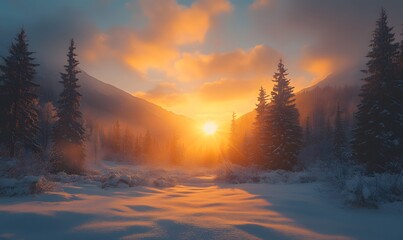Golden Sunrise Illuminating a Snowy Mountain Landscape at Winter