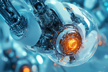 Close-up of a futuristic robotic figure highlighted by glowing lights and intricate details