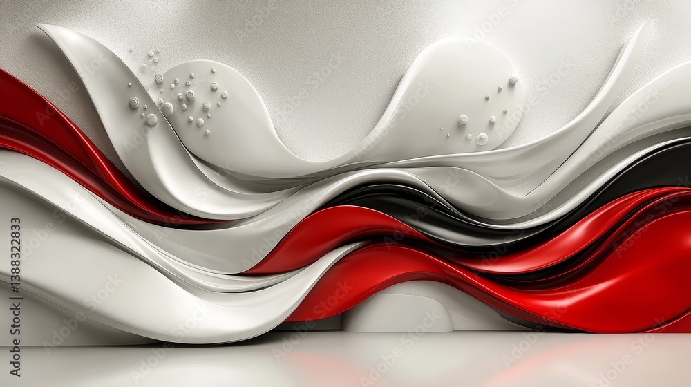 Poster dynamic interplay of flowing 3d curves in red, black and white on a clean backdrop