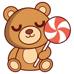 Adorable Cartoon Teddy Bear Holding Lollipop with Eyes Closed on Isolated Style