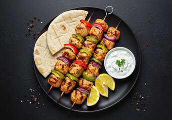 Top view of chicken souvlaki skewers with grilled onions and peppers, served with warm pita and creamy tzatziki. Centered on the plate, isolated on black in rich high-resolution.