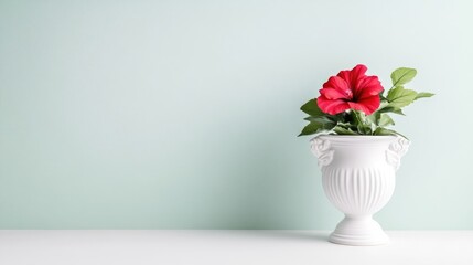 Fototapeta premium A white ceramic vase with vibrant red flowers on a minimalist white surface against a soft pastel green wall, and elegant home decor concept.