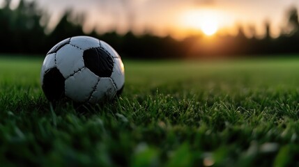 Fototapeta premium Soccer ball on a grassy field at sunset